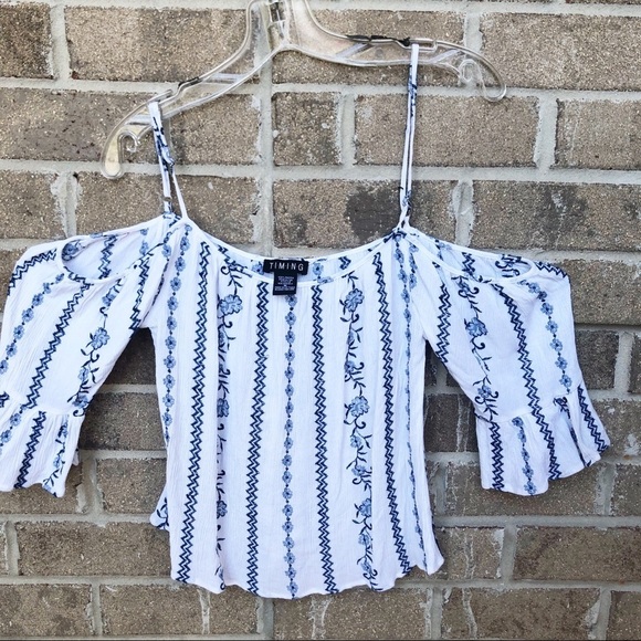 T.i.m.i.n.g.  - Off the Shoulder Blue & White Sz M - Picture 9 of 10